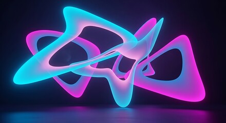 Luminous interconnected shapes floating in a darkened expanse with a smooth surface reflective of the ethereal light