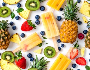 Fresh, vibrant popsicles surrounded by tropical fruit