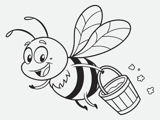 Cute cartoon bee flying with smiling face and holding a honey bucket outlined illustration line art illustration for a children's coloring book