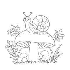 Smiling snail on mushroom surrounded by forest plants on a white background. EPS 10.