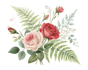 Watercolor Vintage Floral Illustration with Roses and Fern isolated on white background © Tanvir Rana