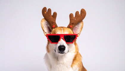 Corgi wearing brown reindeer antlers and pixel sunglasses