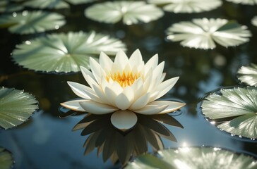 A white lotus flower floating on a tranquil pond with lily pads, bathed in soft sunlight.