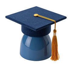 The illustration presents a blue graduate cap with a gold tassel and a matching base against a stark black background, emphasizing the elements and their colors.
