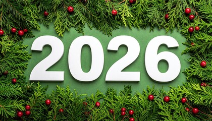 Festive 2026 New Year Display Evergreen Branches and Red Berries Frame the Year Ahead Full of Hope