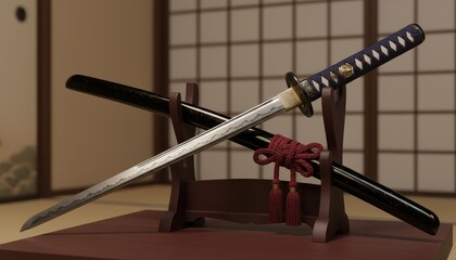 Japanese Katana Sword on Stand with Decorative Elements