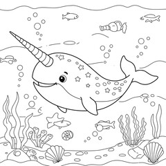 Smiling narwhal underwater with bubbles and coral on a white background. EPS 10. © jivect02