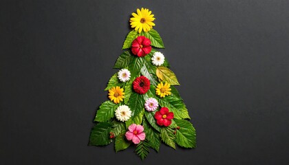 Floral Christmas Tree Composition Festive Holiday Still Life with Flowers and Leaves Against a Dark Gray Background