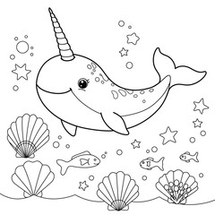Smiling narwhal underwater with bubbles and coral on a white background. EPS 10. © jivect02