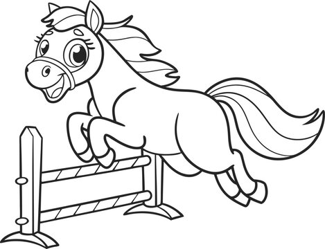 Cute horse jumps and smiles line art illustration for a children's coloring book