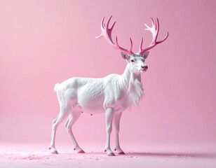 Surreal White Reindeer with Pink Antlers Standing Tall on a Pink Snowy Surface Under Soft Lighting Creative Animal Photography