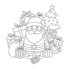 Santa Claus with gifts and Christmas tree on a white background. EPS 10.