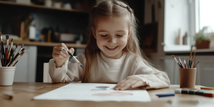 Playful little girl painting with watercolors at a kitchen table, creative and happy - Powered by Adobe