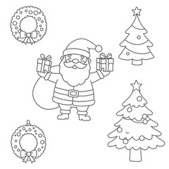 Santa Claus with gifts and Christmas tree on a white background. EPS 10.