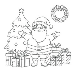 Santa Claus with gifts and Christmas tree on a white background. EPS 10.