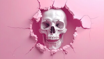 A Surreal Skull Emerging From a Cracked Pink Wall Expressing Morbidity and Decay