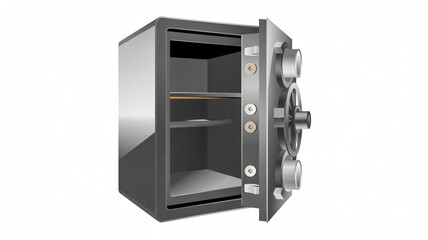 Open Empty Gray Metal Safe with Shelves on a White Background vault security