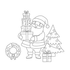 Santa Claus with gifts and Christmas tree on a white background. EPS 10.
