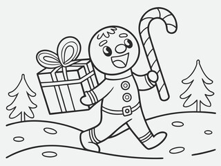Gingerbread man with gift boxes and peppermint candy cane outline line art doodle cartoon illustration. Winter Christmas theme coloring book page activity for kids and adults.