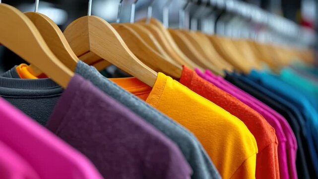 Colorful assortment of cotton t shirts hanging on display in a textile store showcasing various vibrant shades at midday during the weekend
