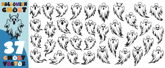 Collection of 37 unique hand drawn doodle style ghost illustrations perfect for halloween and spooky designs