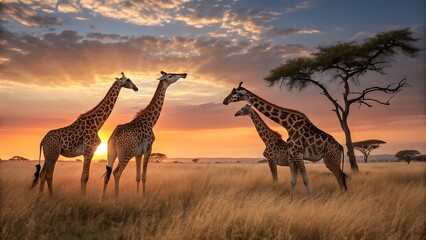 Giraffes graze in the african savanna as the sun sets on the horizon