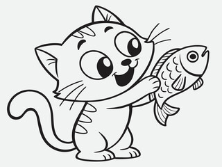Happy cartoon cat holding fish with silly smile outlined clipart design line art illustration for a children's coloring book