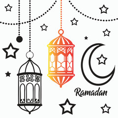 Ramadan Kareem Greeting with Hanging Lanterns, Stars, and Crescent Moon
