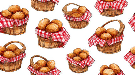 Basket of bread rolls with red checkered cloth seamless watercolor pattern