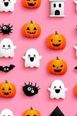 Obraz premium Colorful Halloween Icons with Ghosts, Pumpkins, and Spiders on Pink