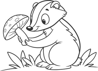 Little cute badger sits and holds an amanita in the hands line art illustration for a children's coloring book