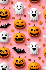 Fototapeta premium Cute Halloween Characters with Pumpkins and Ghosts on Pink Background