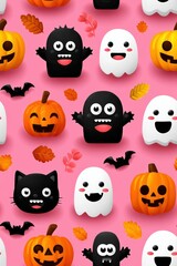 Fototapeta premium Cute Halloween Characters with Ghosts, Pumpkins, and Bats Pattern