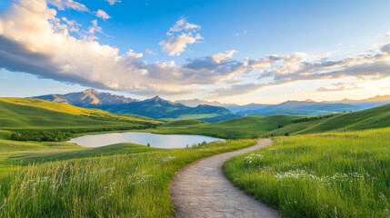 Obraz premium Scenic mountain pathway leads through tall grasses beside tranquil lake, surrounded by majestic mountains and vibrant sky