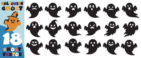 Collection of eighteen playful and spooky black ghost silhouettes with various facial expressions and a friendly orange ghost character