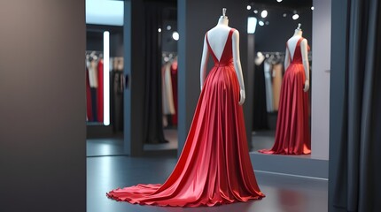 Photorealistic image of an elegant red evening dress displayed on a mannequin. © Restha