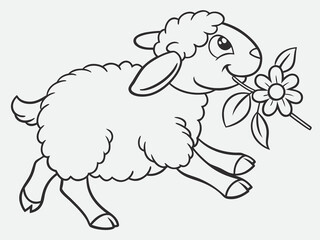 Outlined Sheep Carrying A Flower In Its Mouth  line art illustration for a children's coloring book