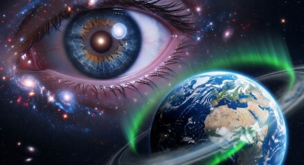 Cosmic eye witnessing earth amidst nebulae and celestial phenomena