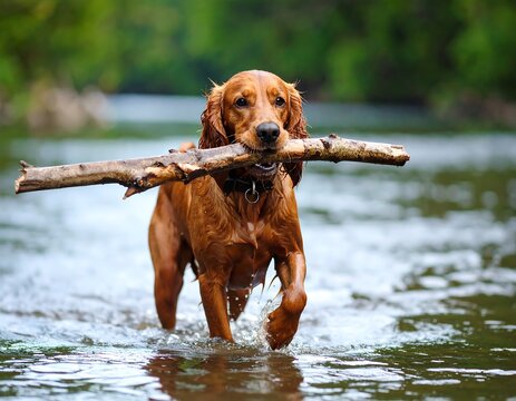 Dog carrying stick in shallow stream