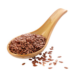 shot showcases a ceramic spoon filled with a collection of small, brown seeds; some seeds are scattered, placed against a plain black backdrop, highlighting the details and textures.