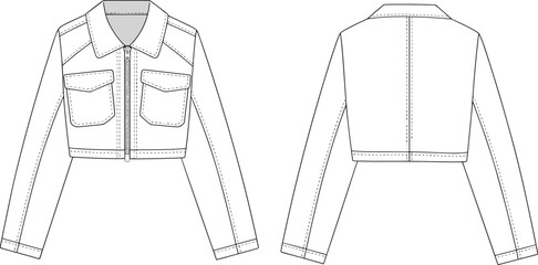 Cad drawing flat vector illustration of women’s cropped denim jacket with front zipper closure and chest flap pockets fashion template