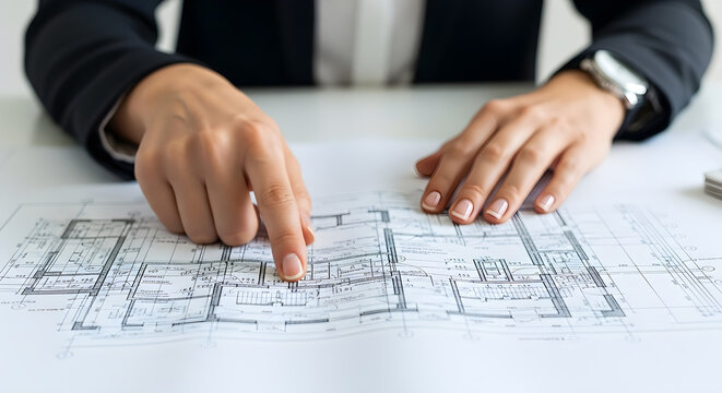 Architect reviewing blueprints for a building design project. - Powered by Adobe