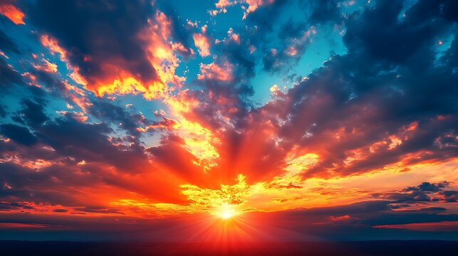 Vibrant sunset paints the sky with fiery orange and deep blue clouds, promising a beautiful new day.