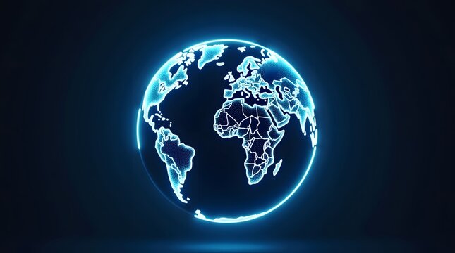 Stunning neon blue digital Earth globe glows with global connectivity and modern technology concept