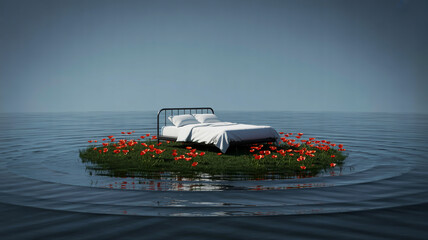 Surreal Bed on a Small Island Surrounded by Water and Poppies dream sleep