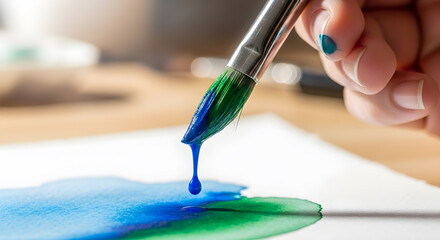 Closeup of paintbrush applying vibrant blue and green watercolor paint