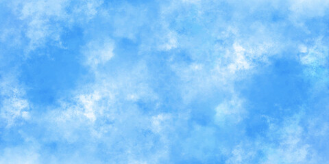 Abstract watercolor blue background. Bright sky with clear white clouds. Blue watercolor splash stroke of cloudy sky. Nature background of romantic summer blue sky.