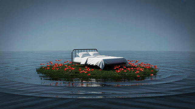 Surreal Bed on a Small Island Surrounded by Water and Poppies dream sleep
