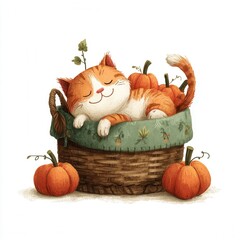 Cute Orange Cat Relaxing in a Basket Surrounded by Fresh Pumpkins in Autumn Scene