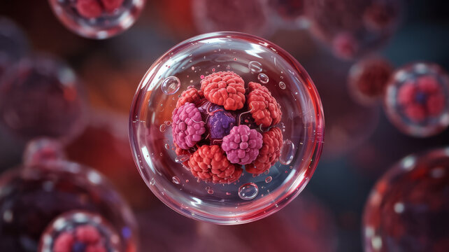 Close up of a cell with a nucleus and other organelles inside, surrounded by other cells in the background